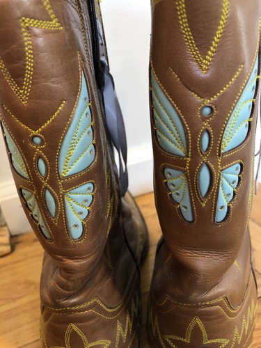 Stallion Hand Made Blue Butterfly Camel Color Vintage Cowboy Boots Women’s Sz 9 - Picture 11 of 12