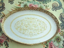 Rare Vtg Oval Vanity Dresser Tray Silver Embossed Gold Filigree Deep Rim 16”x11”