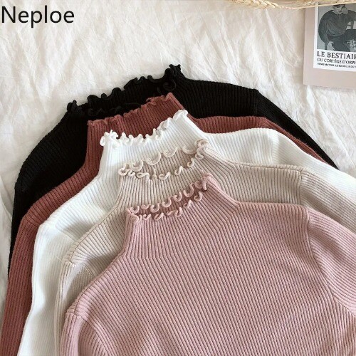 Fall Winter Ruffles Sweater Turtleneck Ruched Women Sweater Knitted Pullovers - Picture 12 of 23