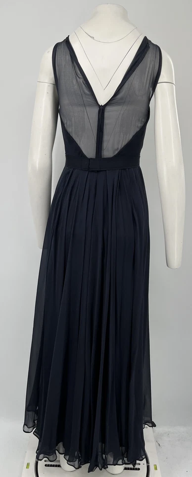 Vestido Midi J. Mendel ALTERADO Azul Marino Cuello Halter Adornado-Cinturón Volantes Talla XS Foto 4 de 4