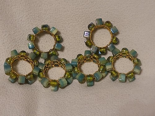 Set Of 6 Gorgeous Beaded Napkin Rings Gold, Green And Turquoise - Picture 1 of 5