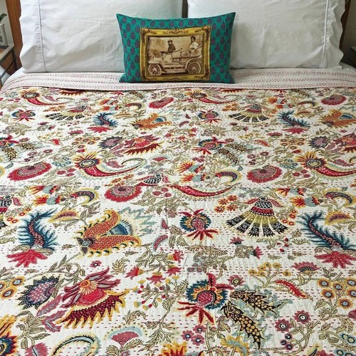 Indian Kantha Quilt White Mukut Print Handmade Cotton Bedspread Blanket Throw - Picture 4 of 5