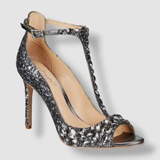 Jewel Badgley Mischka Women's Gray Conroy T-Strap Peep Toe Sandals Size 6.5