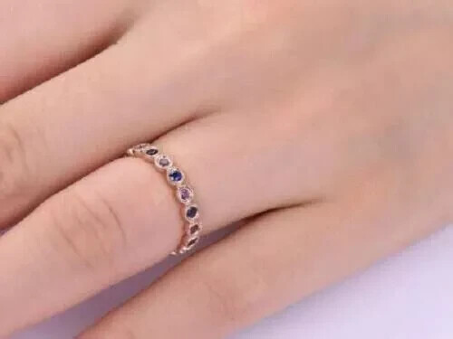 1.20Ct Lab-Created Blue Sapphire Eternity Wedding Band Ring 14K Rose Gold Plated - Picture 4 of 6
