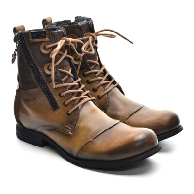 Men Bunker Tara Side Zip Combat Boots 45 11 Brown Leather Moto Lace Up Shoes eBay