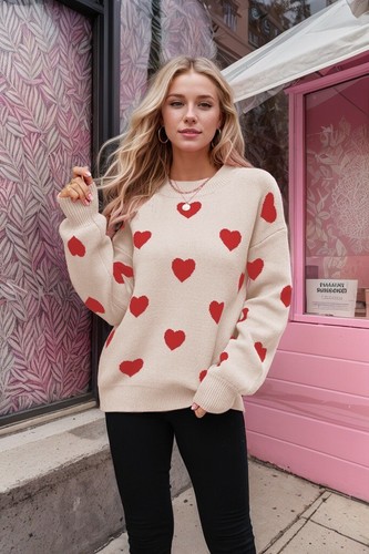 womens knitted jumper knitwear pullover heart print long sleeve oversized pink - Picture 26 of 30