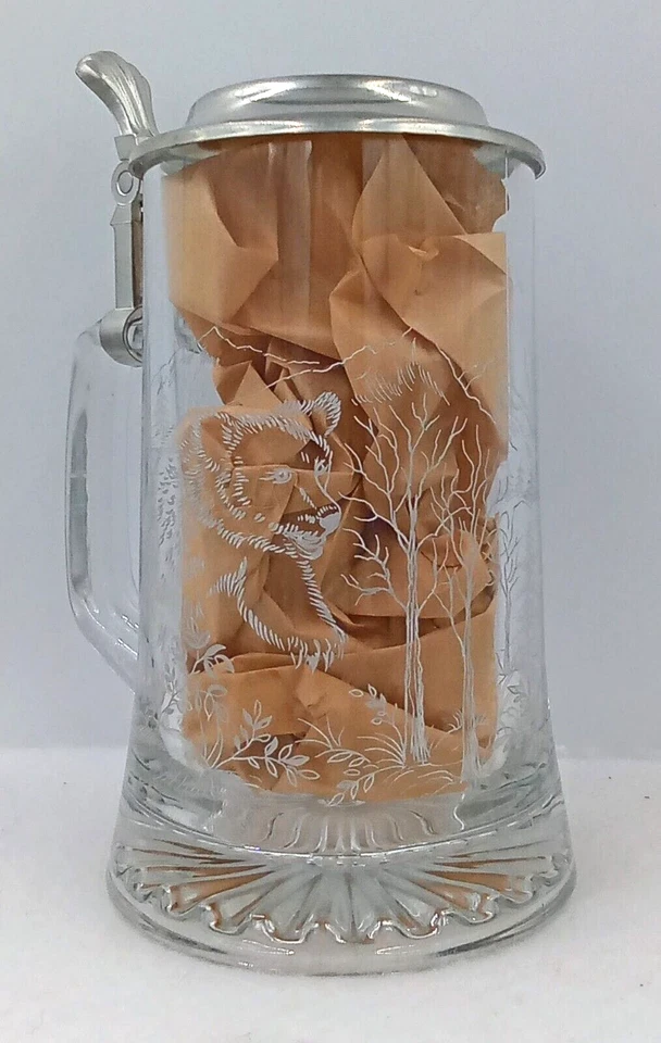 Vintage Domex Beer Stein Mug Etched Clear Glass Zinc Flip Top Bear Moose Trees - Image 2 of 4