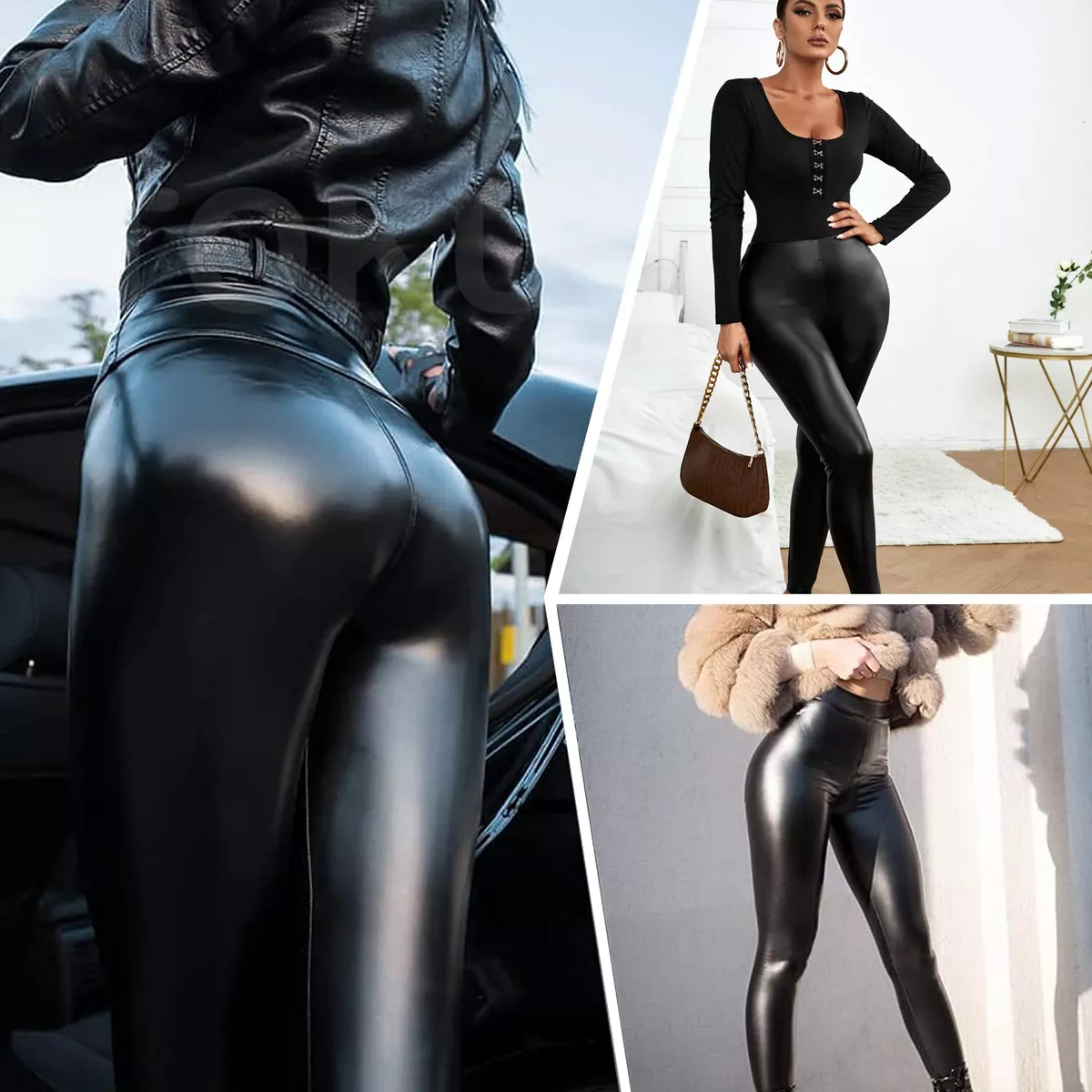 Women High Waist Faux Leather Skinny Pants Push Up Butt Lift Stretch PU  Leggings