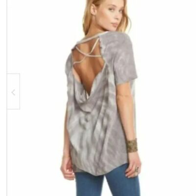 NWT CHASER Gray Silk Tie Dye Strappy Open Drape Back Short Sleeve Top Medium