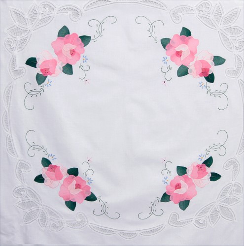 Hand Appliqued Roses Battenburg Lace 68" Tablecloth OR 17" Napkins, White Cotton - Picture 12 of 15