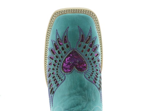 Stivali donna rodeo punta quadrata turchese fucsia cuore ali Bota Mujer taglia 5, 6 - Foto 3 di 5