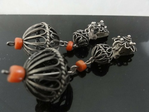FAB VICTORIAN ETRUSCAN RED CORAL DANGLE EARRINGS 800 SOLID SILVER FILIGREE - Afbeelding 2 van 7