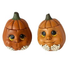 Vtg Halloween Jack-o-lantern Anthropomorphic Ceramic Dish Lid Set of 2