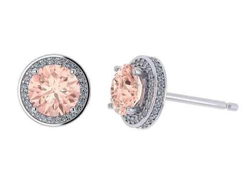 Round Halo Morganite Simulate Earrings Sterling Silver Pure Brilliance Zirconia - Picture 9 of 17