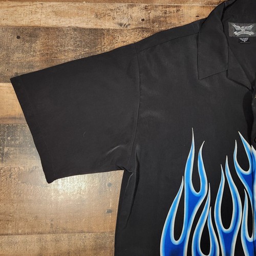 Chrome Eagle Button Up Shirt Mens XL Black Motorcycle Blue Flames Y2K - Picture 9 of 11