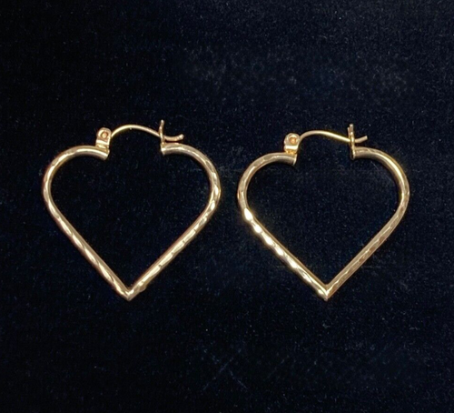 14K YELLOW GOLD TEXTURED HEART SHAPED EARRINGS, MARKED B & M - Picture 3 of 6