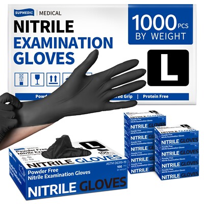 Medical Nitrile Exam Gloves, Black, Powder-Free Food-Safe Clean Disposable Glove