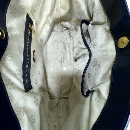 Tory Burch Tote XL Market Navy Blue Leather Natural Beige Canvas Stacked - Picture 19 of 23