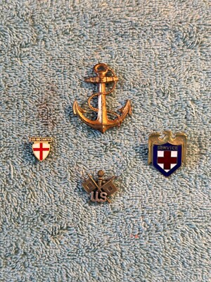 Lot of 4 World War 2 Service Pins Signal Corps Anchor Red Cross Shield VTG