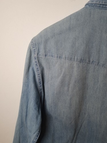 Zara Man Western Denim Shirt M Blue Slim Fit Pearl Snap Faded Distressed Cowboy - Picture 13 of 21