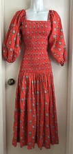 Rhode Harper Floral Print Red Smocked Puff Sleeve Midi Dress Size Small