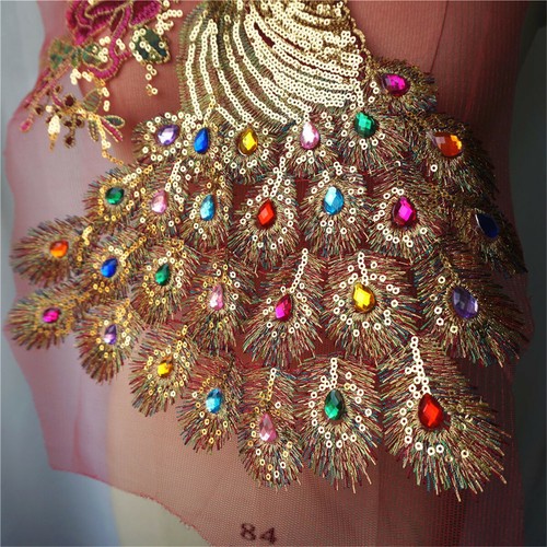 Sequin Peacock Peony Embroidered Lace Mesh Gown Applique Sew Iron On DIY Patches - Picture 8 of 14