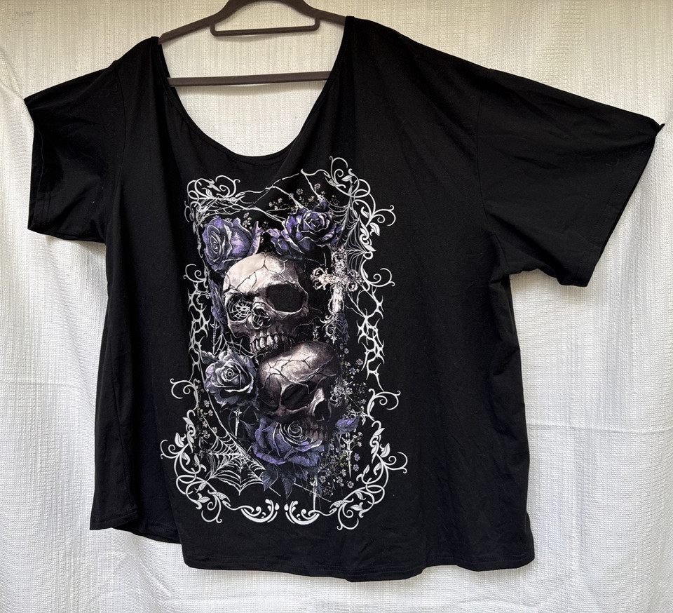 Romwe Gothic Skulls Roses Tee 3XL Black Purple Graphic Plus Size Oversized