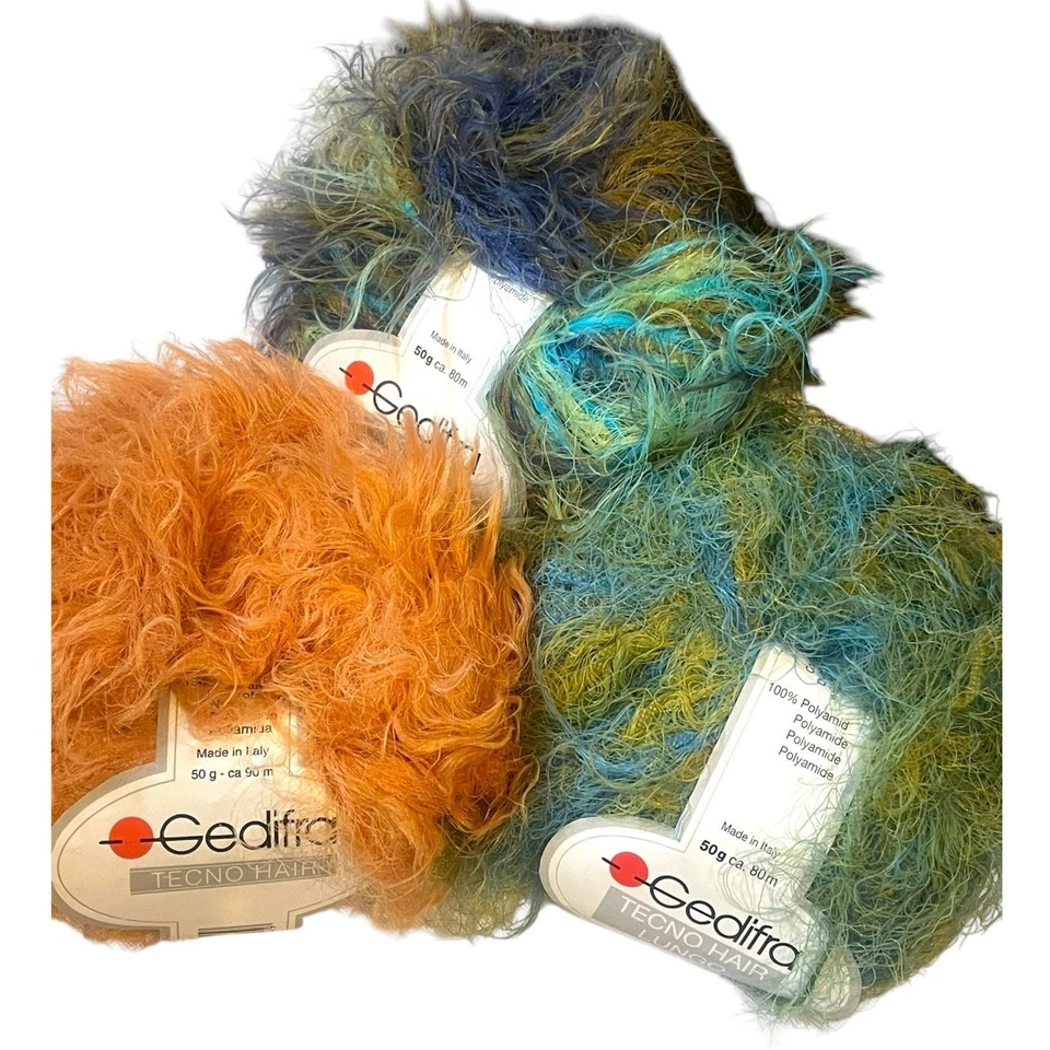 3 skeins Gedifra TECNO HAIR LUNGO Eyelash Yarn | Purple, Green, Orange - Image 4 of 4