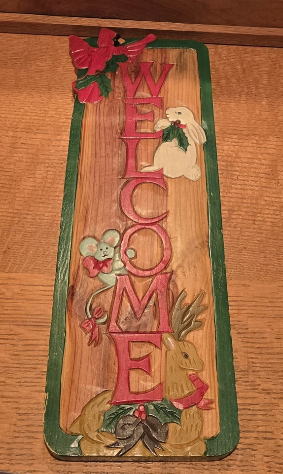 Handcraft Wood Christmas Welcome Sign Redbird Rabbit Deer Mouse Folk Art Rustic - Image 2 of 4