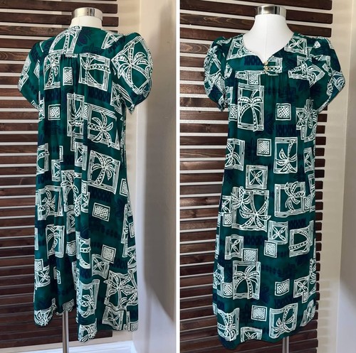 Green White Palm Tree Print Hawaiian Muumuu Midi Dress w/ Side Pocket - Medium