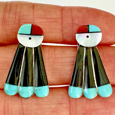 Zuni Sunface Stud Earrings Turquoise Post Inlay 1'' Sterling Signed Native Amer