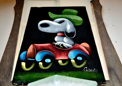Vintage 70er schwarz Samt Snoopy Gemälde signiert mexikanisches Kunstwerk 12" B x 17,75" T - Bild 2 von 10