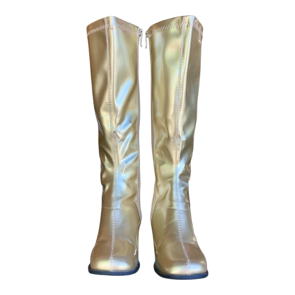 Shiny Gold GoGo Boots Knee High Zip 3” Heel 70’s Hippie Disco Costume Cosplay 7 - Image 4 of 4