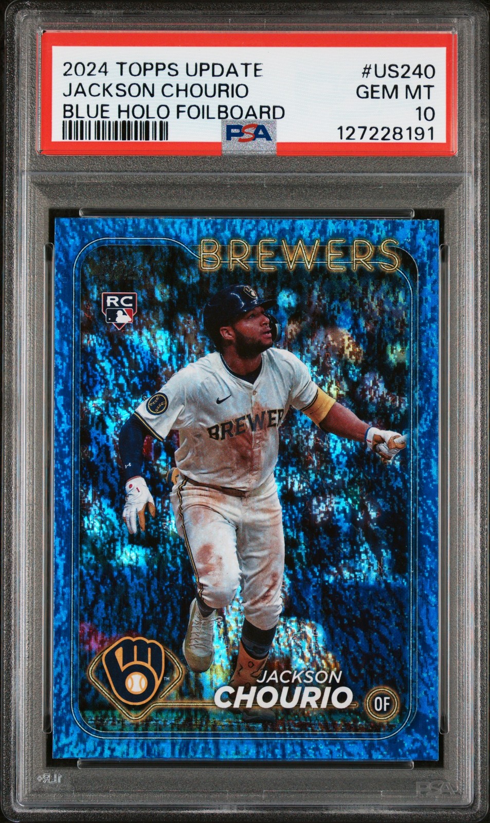 2024 TOPPS UPDATE BLUE HOLO FOILBOARD #US240 JACKSON CHOURIO 15/999 PSA 10