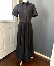 Tory Burch Black Solid Shirt Dress Collared Button Front Pleated Midi Size 6