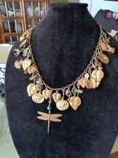 Sadie Green Victorian Revival Brass Dragonfly, full of charms necklace.