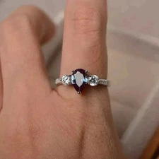 3.50 Ct Pear color change Alexandrite three stone Engagement Ring 14K White Gold