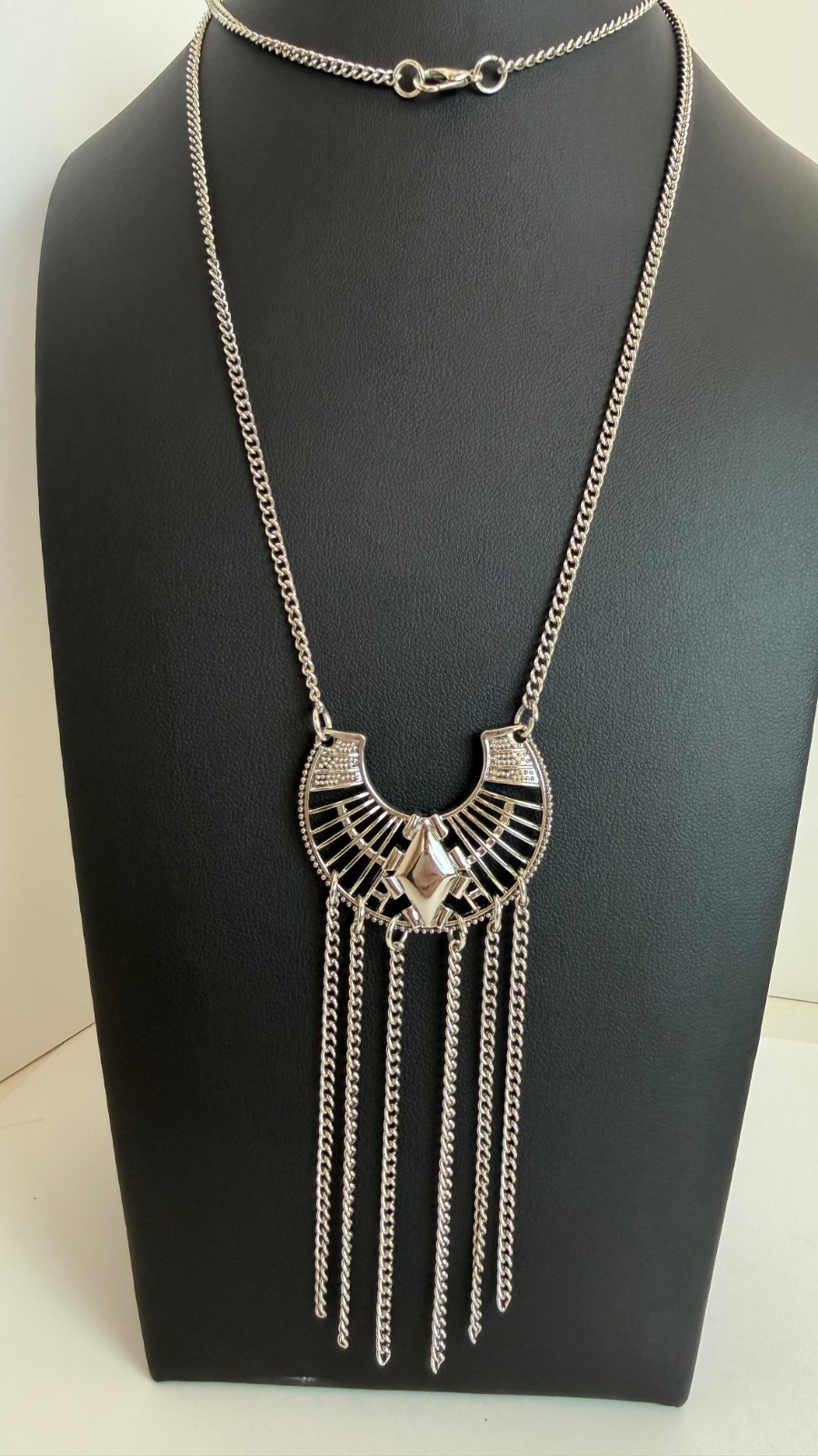 Silver Tone Crescent Necklace | Chain Fringe Tassel Geometric Boho Statement
