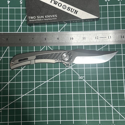 TWOSUN FOLDING KNIFE TITANIUM/CARBON FIBER HANDLE M390 EDGE TS191-M390-CF NIB - Picture 9 of 9