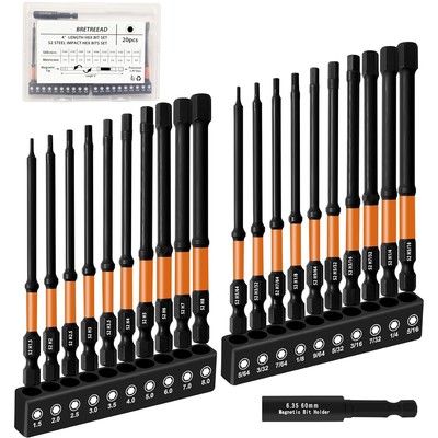 Impact 4   Long Hex Head Allen Wrench Drill Bit Set SAE&Metric(20 pcs) 