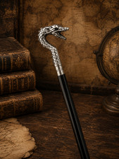 Vintage Brass Silver Dragon Head Handle Victorian Style Wood Walking Stick Cane