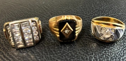 3 mens rings used, 1 stamped 925, 1 vintage 10k Black/gold, 1 18k GE,