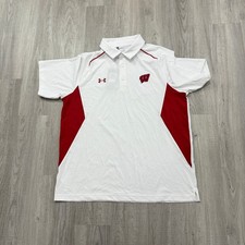NEW Under Armour Wisconsin Badgers Title Polo Shirt Men's XL White Red NCAA