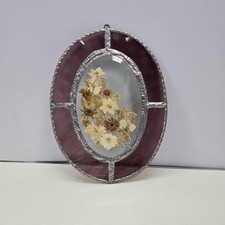 Vintage Stained Glass Pressed Flower Suncatcher Oval Purple Boho Window Wall Art