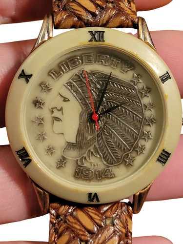 Reloj Masino Vintage Esfera Moneda - Moneda Cabeza India 1914 Correa Cuero Tooled  - Imagen 6 de 7