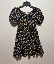 Cat Jack Girls 10/12 Fit Flare Puff Sleeve Floral Dress Black Scoop Neck