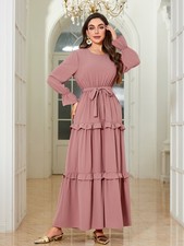 Women Muslim Kaftan Solid Color Long Sleeve Dress Abaya Plain Dubai Party Gown