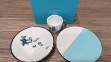 Tiffany Co. Bear Block Baby Tableware 3 Set Plate Cup Blue White w/ Box New