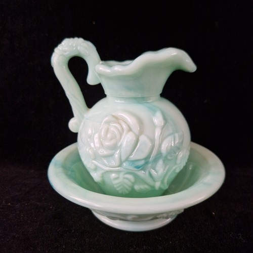 Vintage Miniature Avon Duck Egg Green Milk Glass Pitcher & Bowl "Roses" - Picture 2 of 7