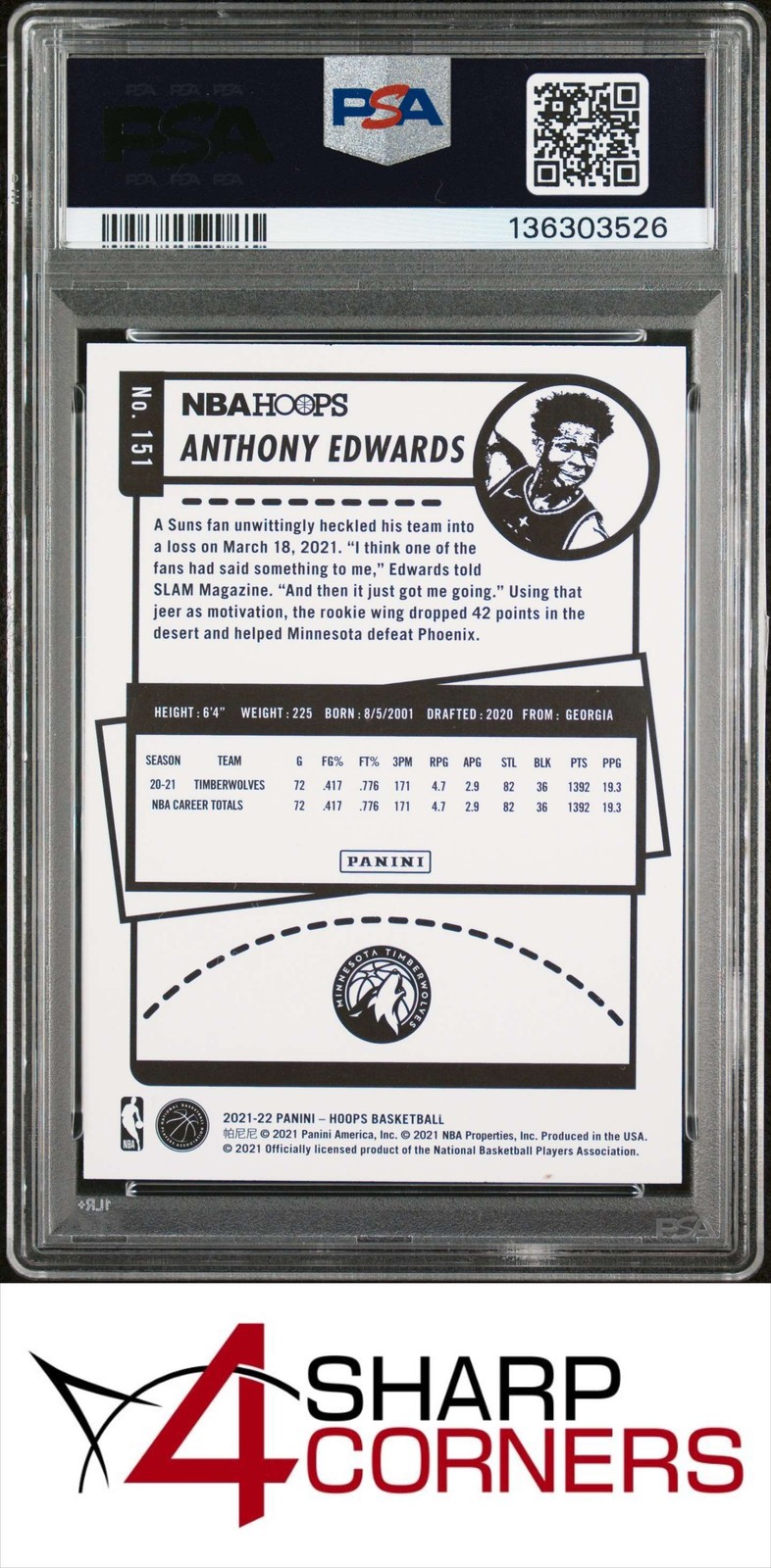 2021 PANINI NBA HOOPS PURPLE #151 ANTHONY EDWARDS POP 4 PSA 10 view 2